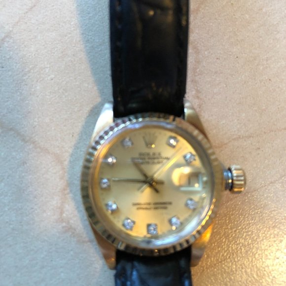 Rolex Day-Date,18 k Gold ladies watch with diamonds, with Rolex leather strap. - Picture 1 of 12